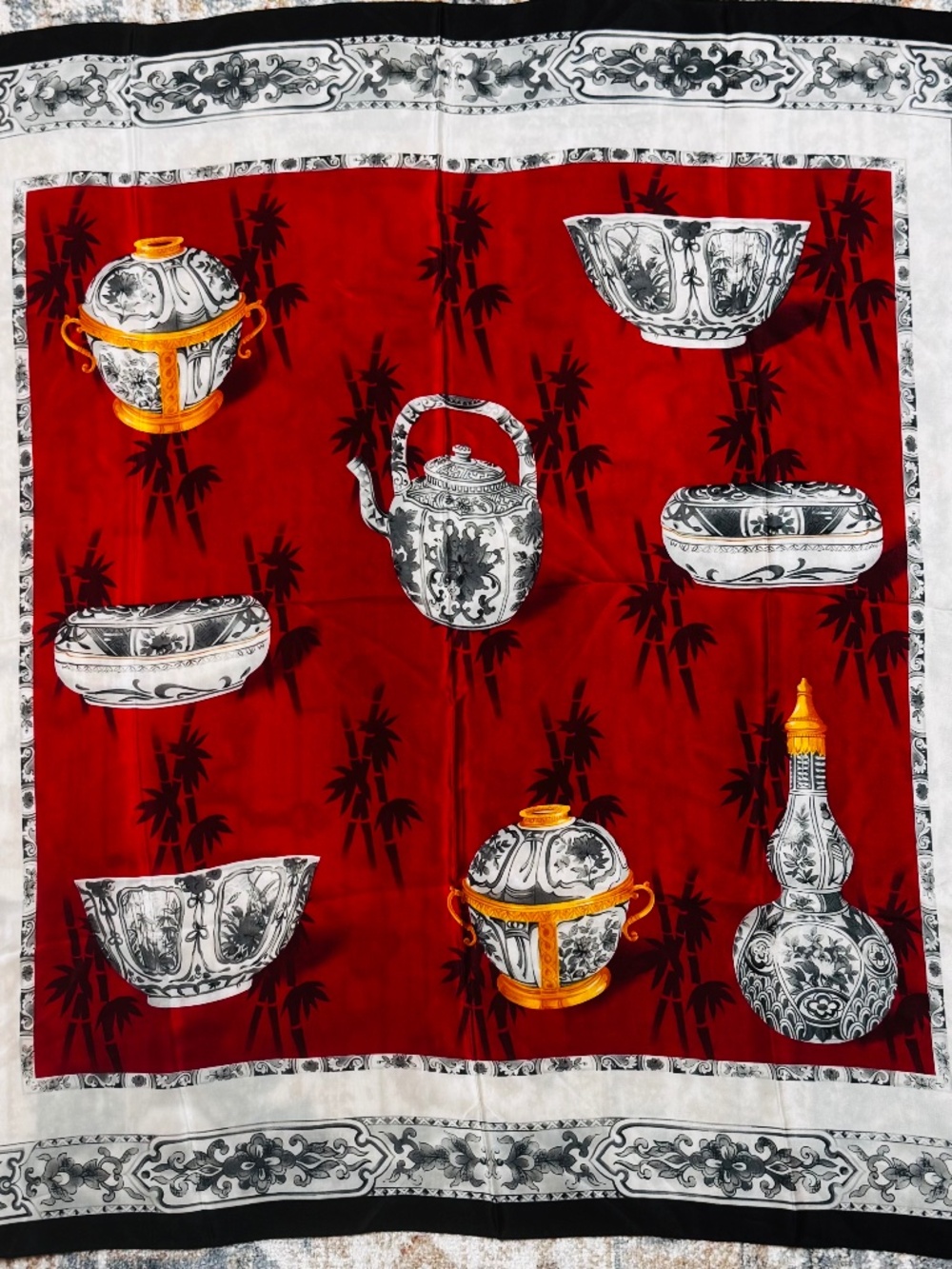 Vintage Vibrant Silk Scarf Red Bamboo Motif Baroque 34" Sq.